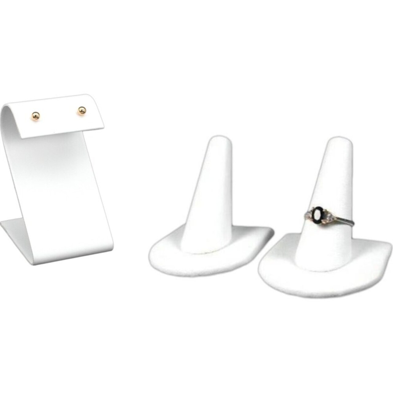 White Faux Leather Earring Stand & 2 Ring Finger Displays Jewelry Countertops